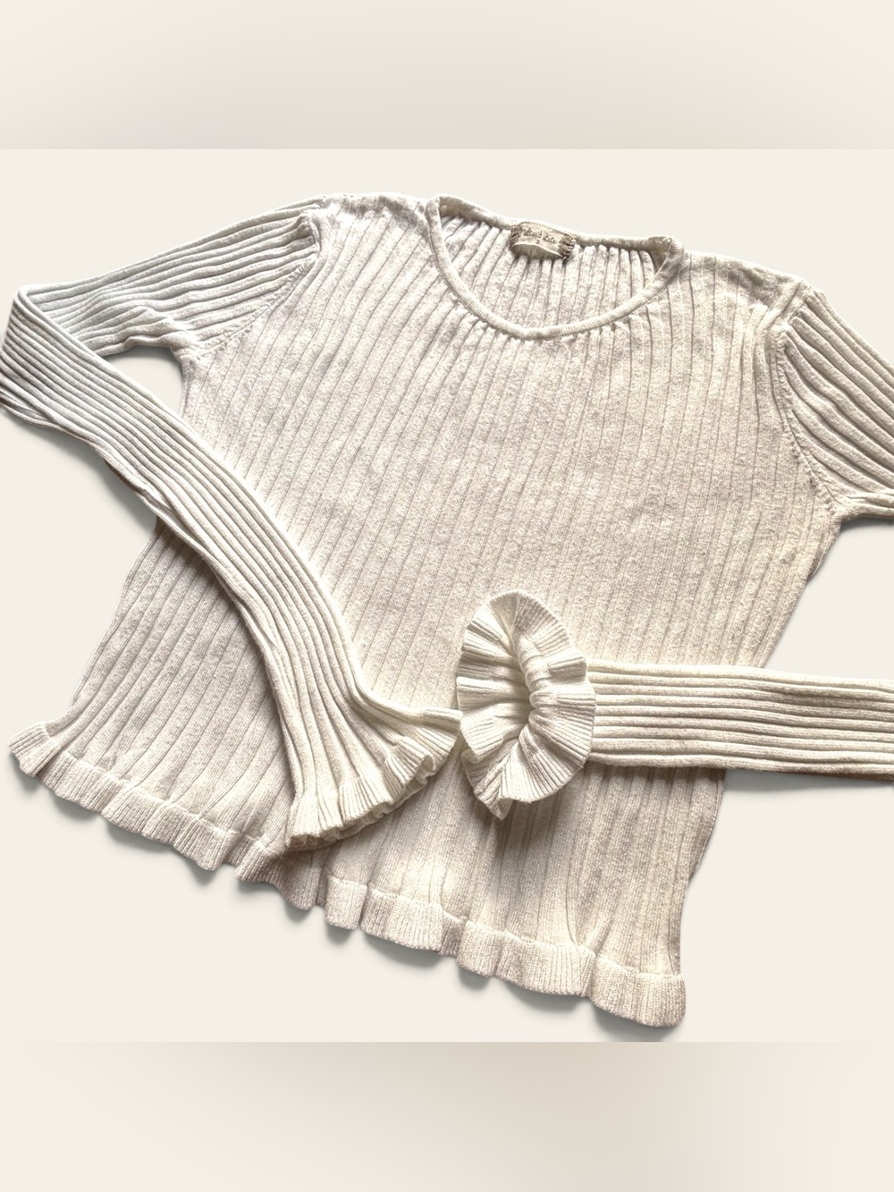 Altar'd State White Ribbed Knit Ruffle Bell Sleeve Sweater Top S
